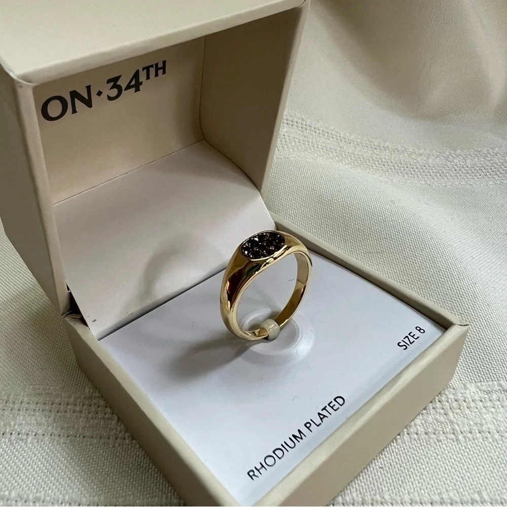 Signet Ring Crystal Pave Gold Tone Rhodium Plated Black Enamel Sz 8 NWT 💥SALE💥